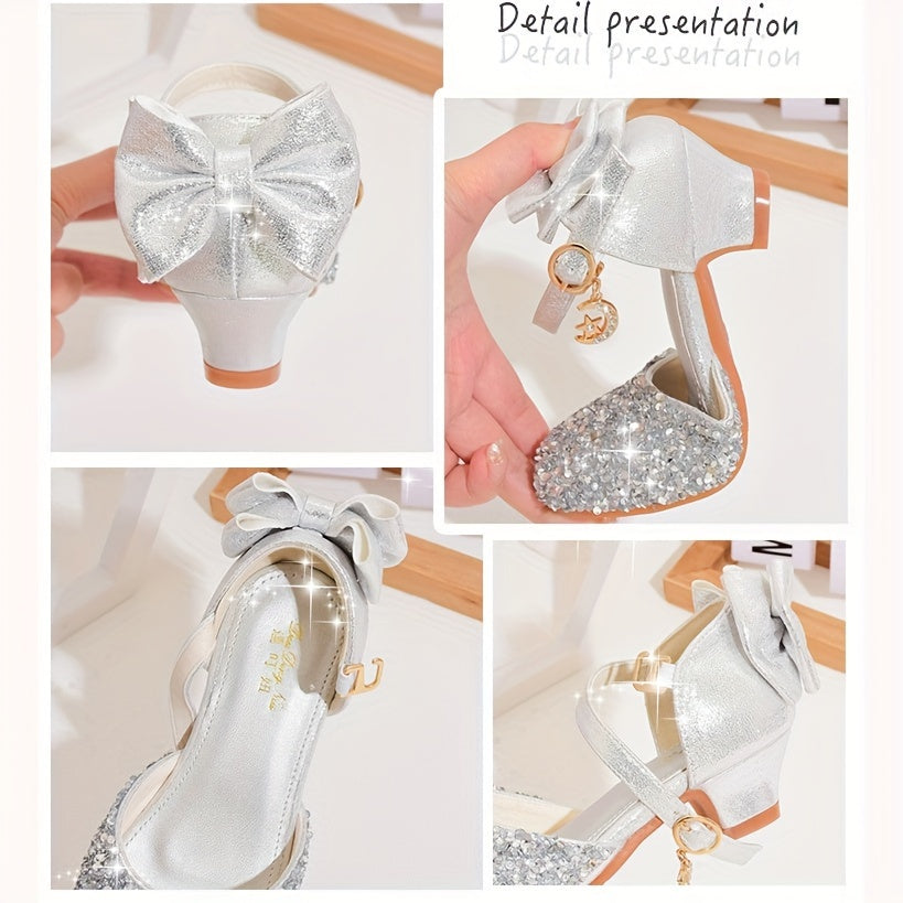 Girls' high heel shoes, youngsters' slippers, girls' silvery dress, piano performance shoes, princess shoes with bow.