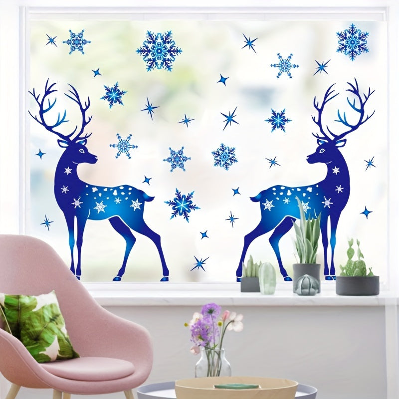 Get into the holiday spirit with 30 pieces of Blue Reindeer and Snowflakes Static Cling Window Decals. These non-adhesive plastic decorations are perfect for Christmas, Thanksgiving, and New Year. Add a festive touch to your home decor without using