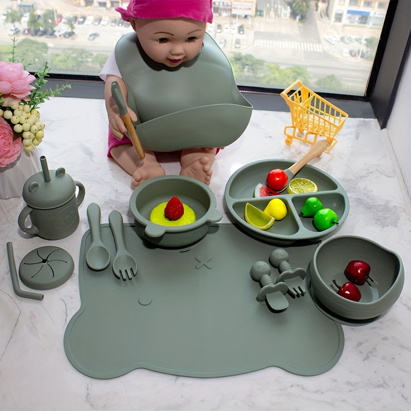 Set of 9pcs creative cartoon silicone dining plate, divided silicone supplementary food bowl, sucker plate, bib, learning drink cup, and feeding tableware.