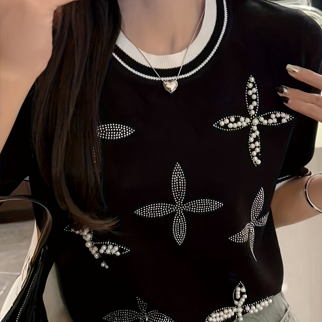 Beaded rhinestone crew neck knit top, short sleeve sweater for spring and summer, women's attire