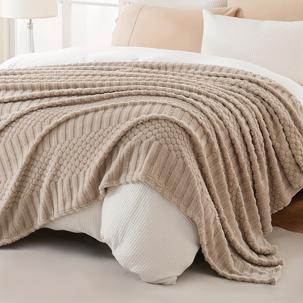 Cozy up with our luxurious Soft Apricot Taffeta Throw Blanket, perfect for the colder seasons. This blanket features a stylish Jacquard Dot Stripe design that will add a touch of elegance to your space. Made from skin-friendly plush material, this