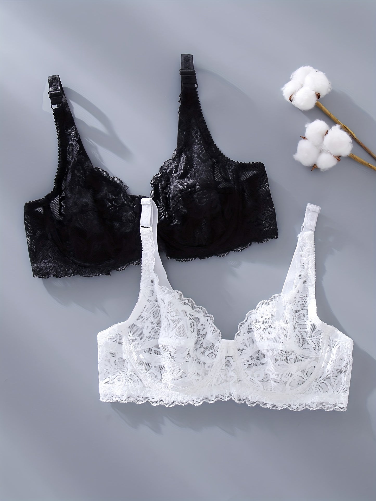 2 plain lace bras, semi-sheer and elegant for daily wear in women's lingerie.