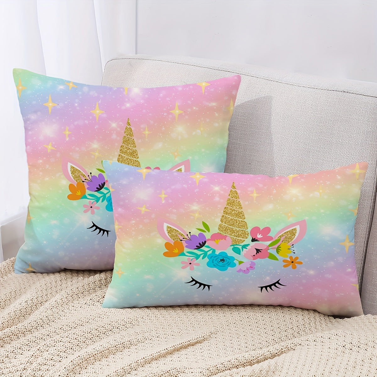 Double-sided printing on cute throw pillow cover with rainbow glitter galaxy design, perfect for couch, sofa, living room, or bedroom. Pillow insert not included.