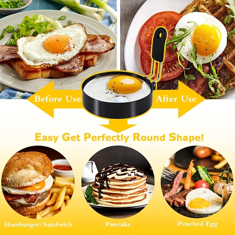 Set of two stainless steel egg frying rings measuring 10.16 cm, ideal for cooking perfectly shaped eggs, pancakes, scrambled eggs, and omelets. A must-have kitchen gadget for any home cook looking to elevate their breakfast game.