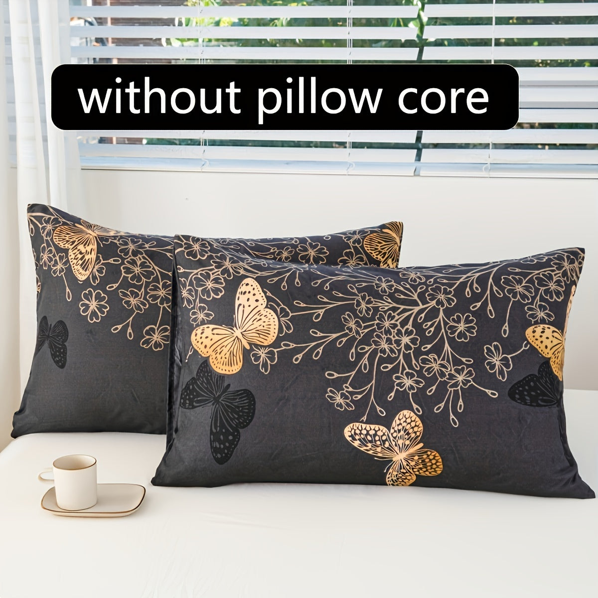 Set of 2 Golden Butterfly Print Polyester Pillowcases with Soft Comfort for Bed Decor. Available in Multiple Sizes, Machine Washable with Brushed Finish and Active Print Design. Made with Polyester Cover and 90g Fabric.