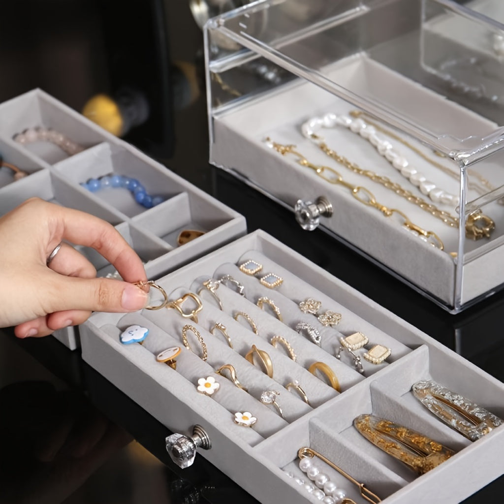 3-drawer acrylic jewelry organizer with velvet-lined drawers and dustproof transparent design. Ideal for rings, necklaces, earrings, and bracelets.