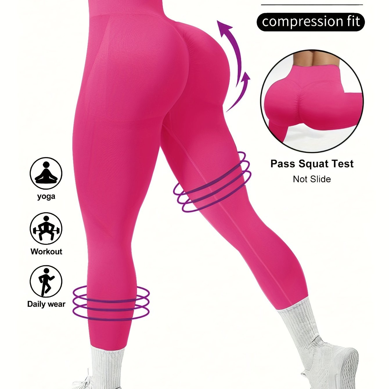 Seamless solid color yoga leggings with high waist and wide waistband for women's fitness and sports.