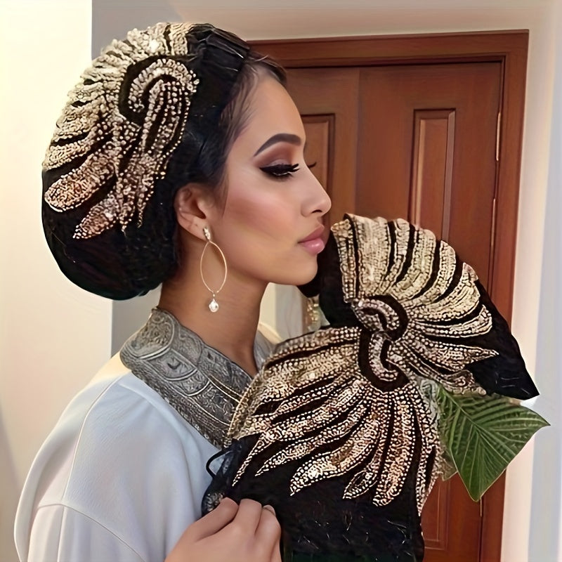 The elegant lady wears a light and breathable headband adorned with shiny beads and flowers, suitable for daily outings, parties, and performances.