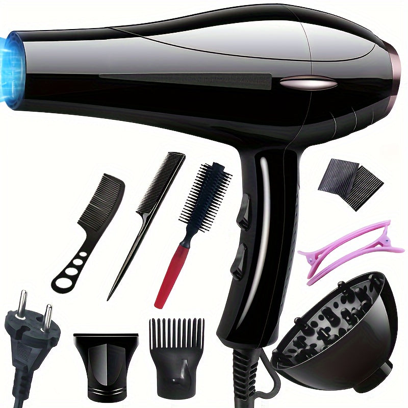 Powerful 2100W hair dryer with fixed handle and European plug. Includes nozzle, adjustable comb, and diffuser attachments. Features 1.5m-3m cord, perfect for home use.