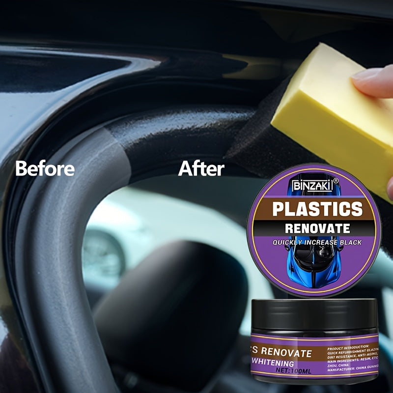 Multi-purpose car restoration wax for black vehicles repairs yellowing, enhances interior shine, protects tires, and revitalizes plastic parts.