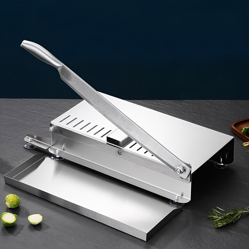 Get your hands on the 1pc Handheld Stainless Steel Food Slicer! This manual mandoline slicer features a 9-inch heavy-duty design with a square blade, perfect for slicing ham, frozen meat, beef, fruits, and vegetables. Say goodbye to dull knives and