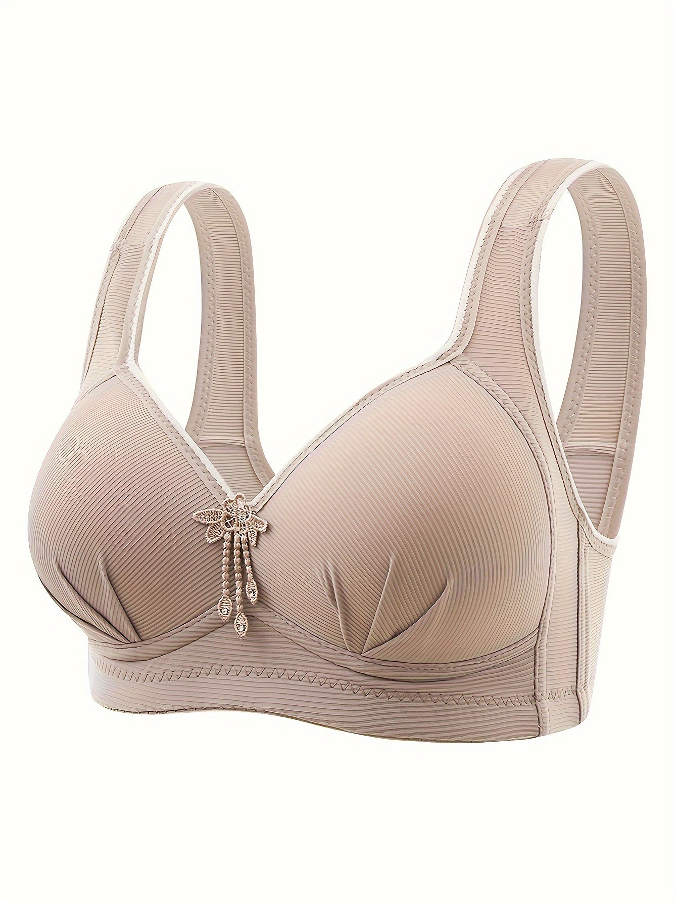 Elegant Push-Up Bra for Mature Women - Comfortable, Wireless, Full Coverage with Decorative Bow Detail, Supportive and Non-See-Through Nylon Blend