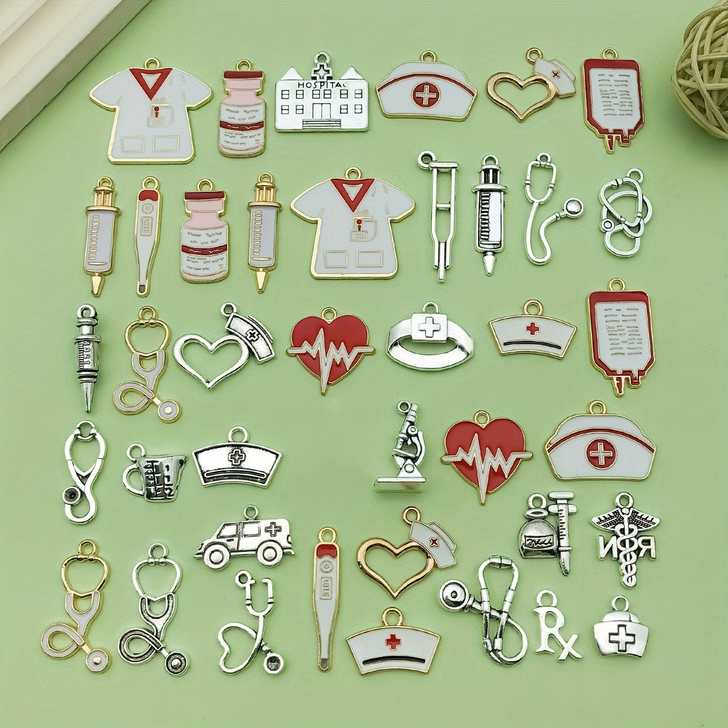 Set of 40 Nurse Charms Including Stethoscope, Syringe, Nurse Pins, and Hat Jewelry - Perfect for DIY Necklace and Bracelet Crafts with Alloy Enamel Medical Pendants - Trendy Fashion Accessories