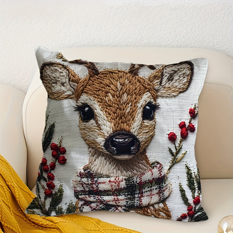 Contemporary style 1pc Christmas reindeer throw pillow cover made of polyester with zip closure. Machine washable and woven for living room decor. Size: 45.72x45.72 cm. Insert not included.