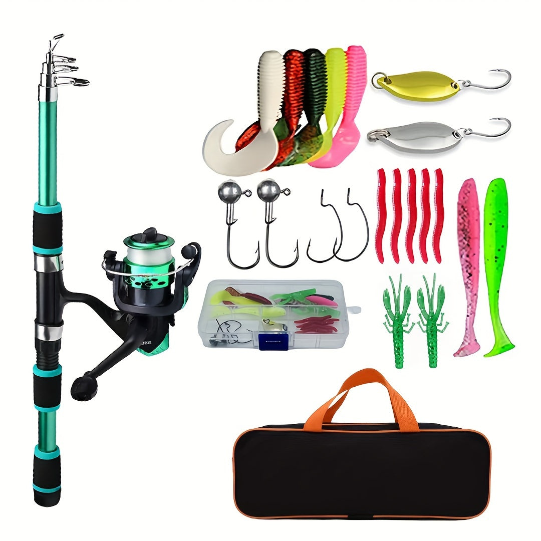 All-in-one fishing rod kit with telescopic rod, spinning reel, bait hooks, and travel set.