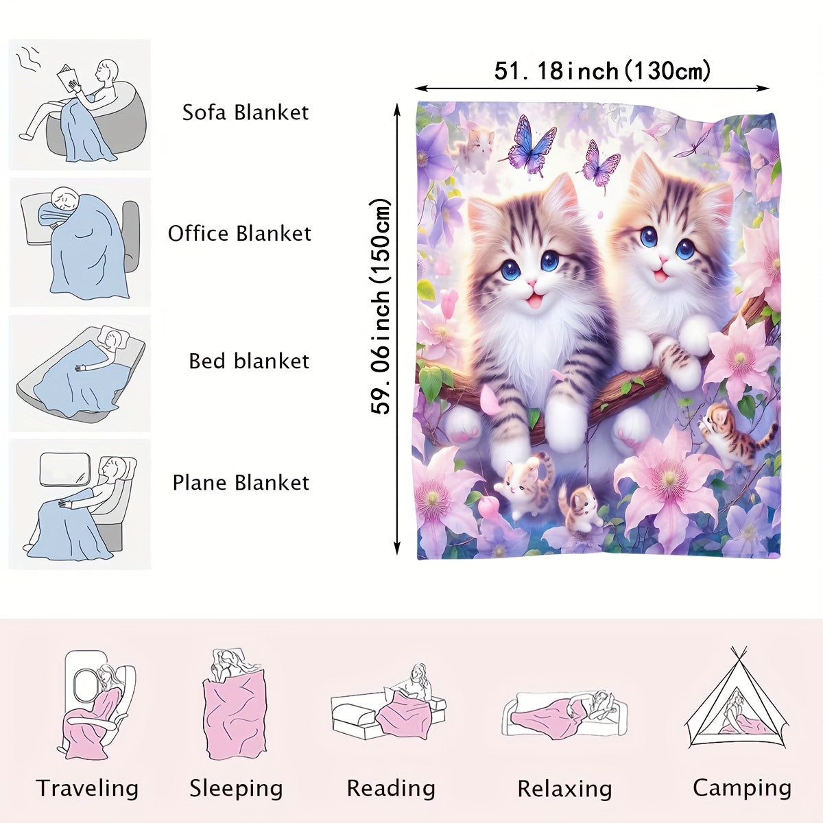 Soft and cozy plush throw blanket featuring a cute cat print design. Made of knitted flannel polyester, this all-season blanket is perfect for home, kitchen, bed, picnic, travel, and makes a great Christmas gift. With a contemporary style and weighing