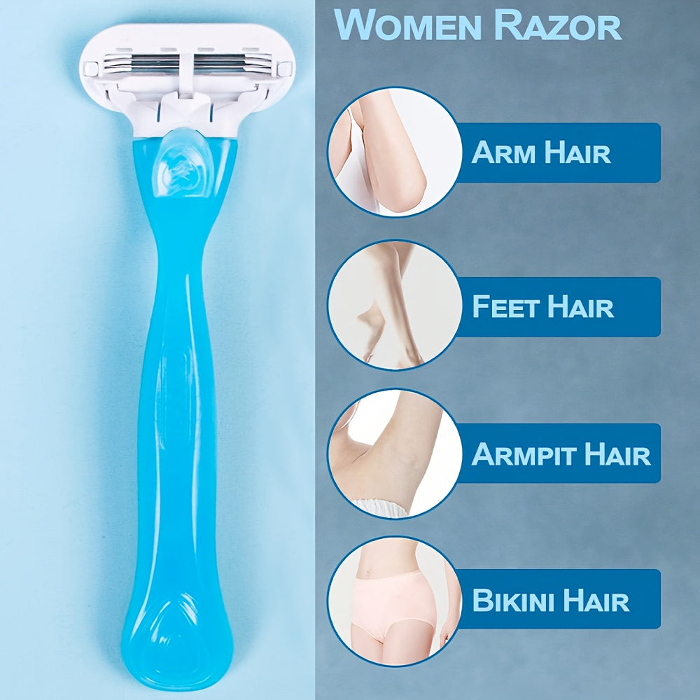 Hypoallergenic manual hair removal razor kit with blue handle + 8 white blades, stainless steel for smooth, normal skin.