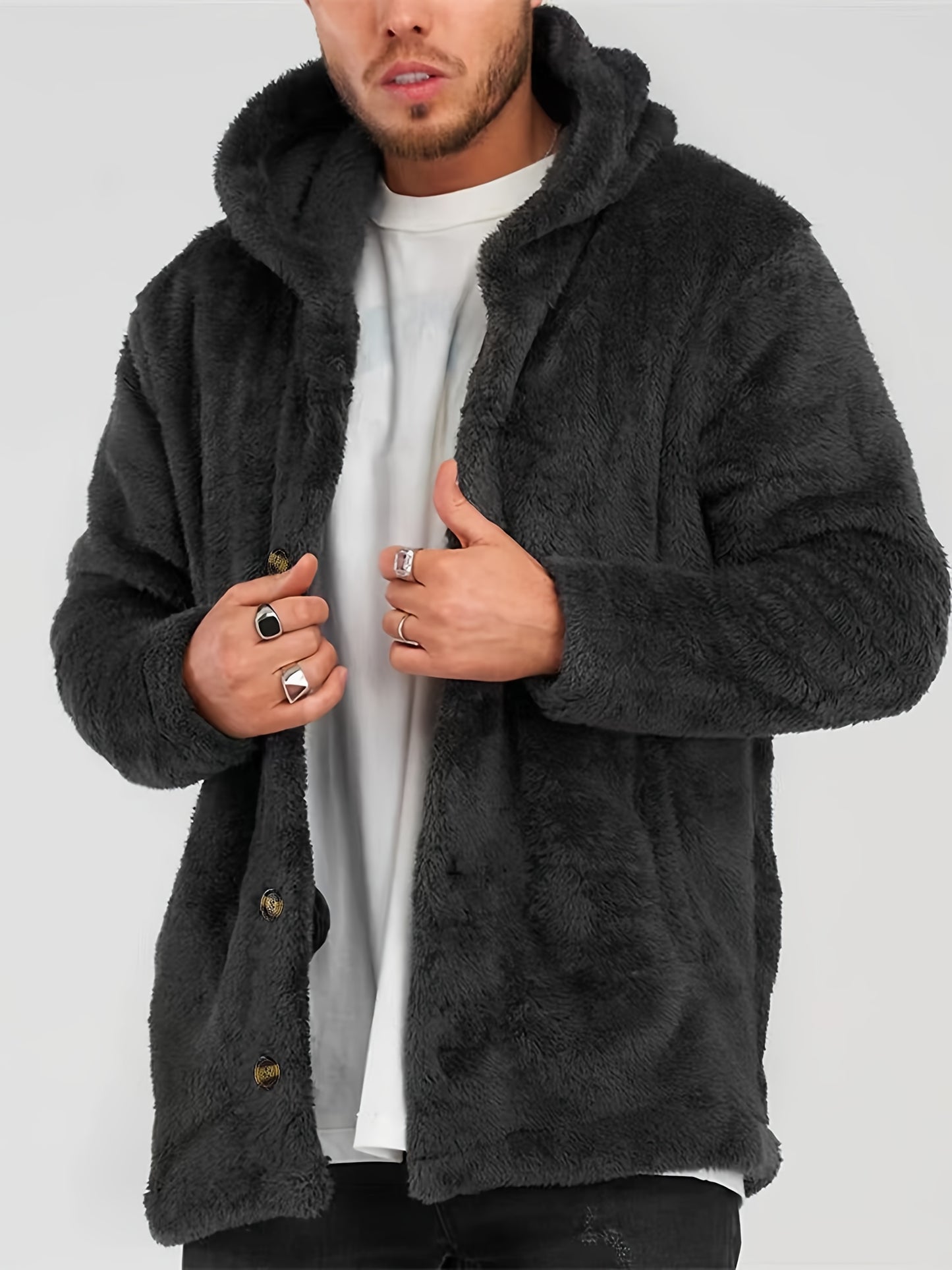 Warm and cozy brown faux fur hooded cardigan with button pockets for men, perfect for fall and winter. Comfortable and casual plus size outerwear in plush polyester.