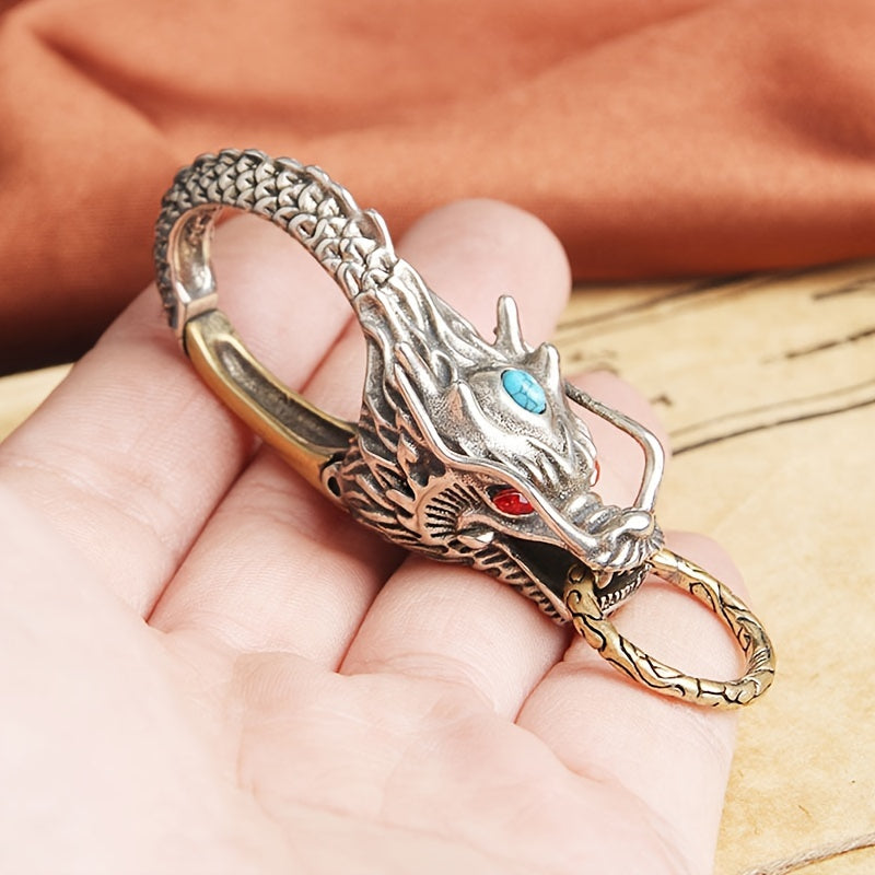 Chic Dragon Keychain in Brass and White Copper with Turquoise Detail - Fashionable Accessory for Men's Belt