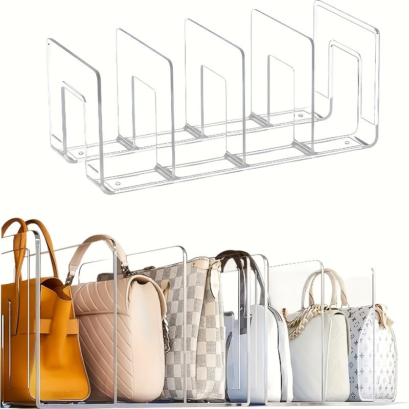 Acrylic handbag organizer with 4 dividers for closet purse storage.