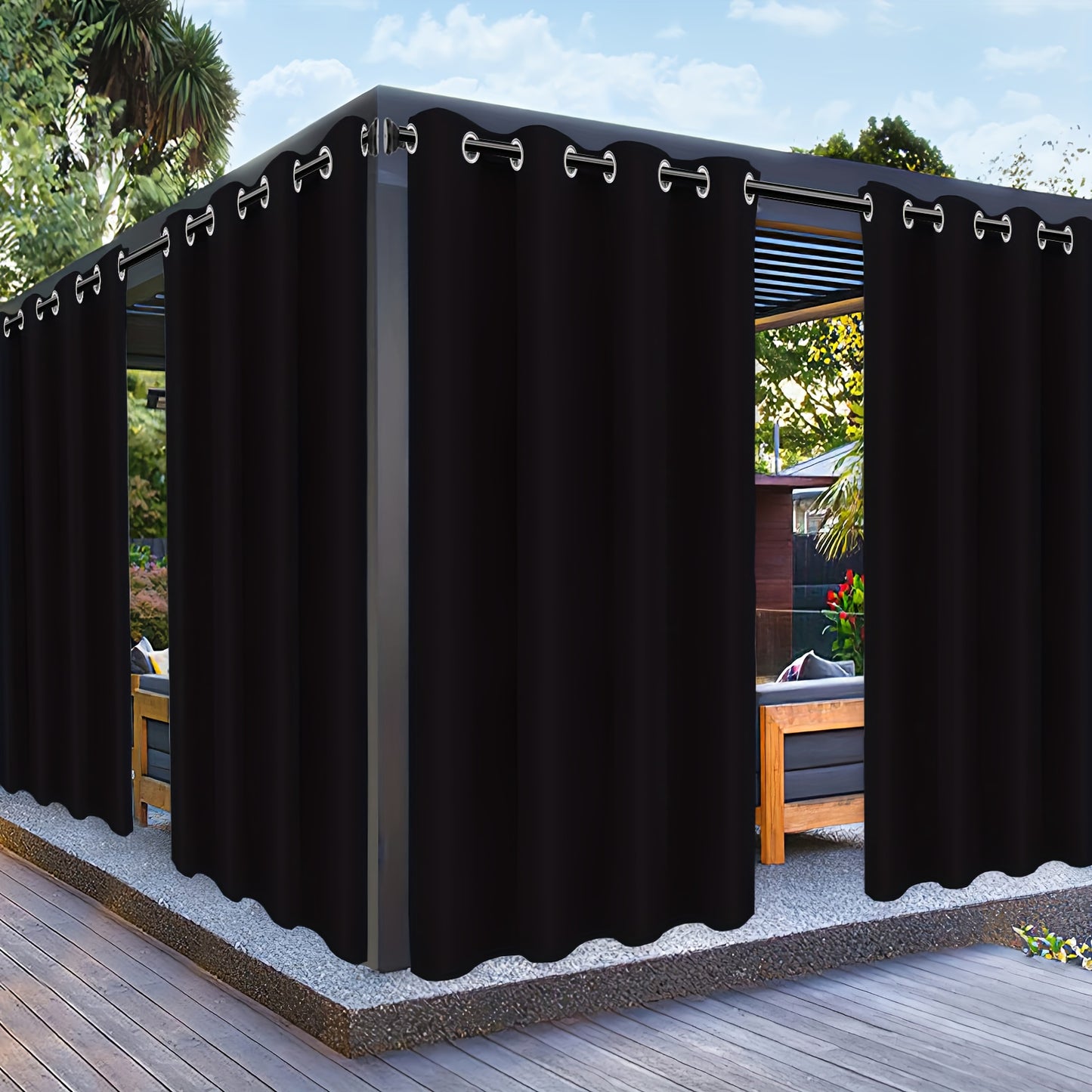 Contemporary outdoor patio curtain with waterproof, UV protection and fade-resistant features. Includes rust-proof grommets for easy installation.