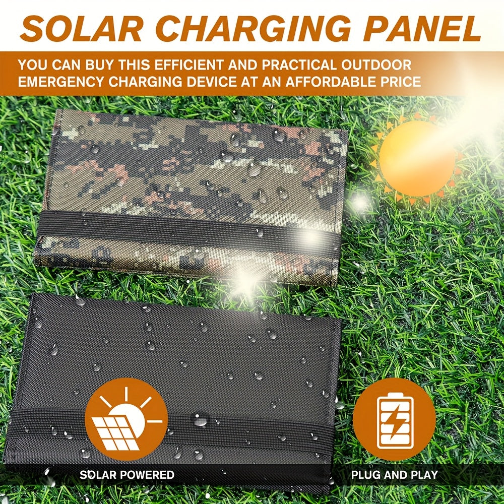 Portable foldable solar charger panel with high-efficiency monocrystalline silicon and USB charging for phones and fans. Ideal for outdoor camping and travel, with no battery and