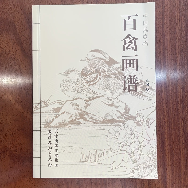 Chinese book featuring line drawing and white painting of birds, with a focus on Chinese style.