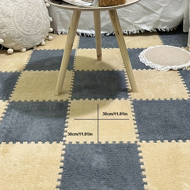 Set of 12 furry carpets for the room, featuring foam splicing that is perfect for the bedroom, living room, or any large area in the household. This mat not only provides warmth and comfort but also helps soundproof the space. Perfect for adding a cozy