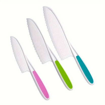 Set of 3 Plastic Bread Knives for Kids, Perfect for Fruit, Cake, Baking, Cheese, Dessert - Safe Kitchen Tools for Food Contact