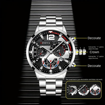 Men's Stainless Steel Quartz Wristwatch with Calendar and Business Bracelet - Perfect Gift for Men's Fashion