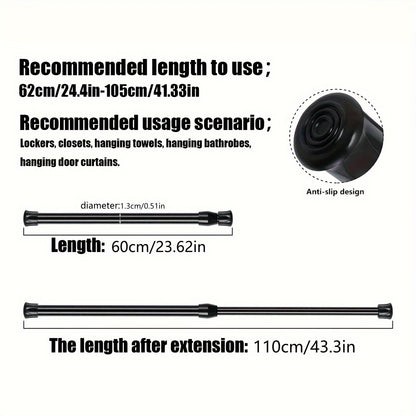 Telescopic rod with strong spring, easy to install, suitable for various uses like shower curtain, wardrobe support, towel rod.