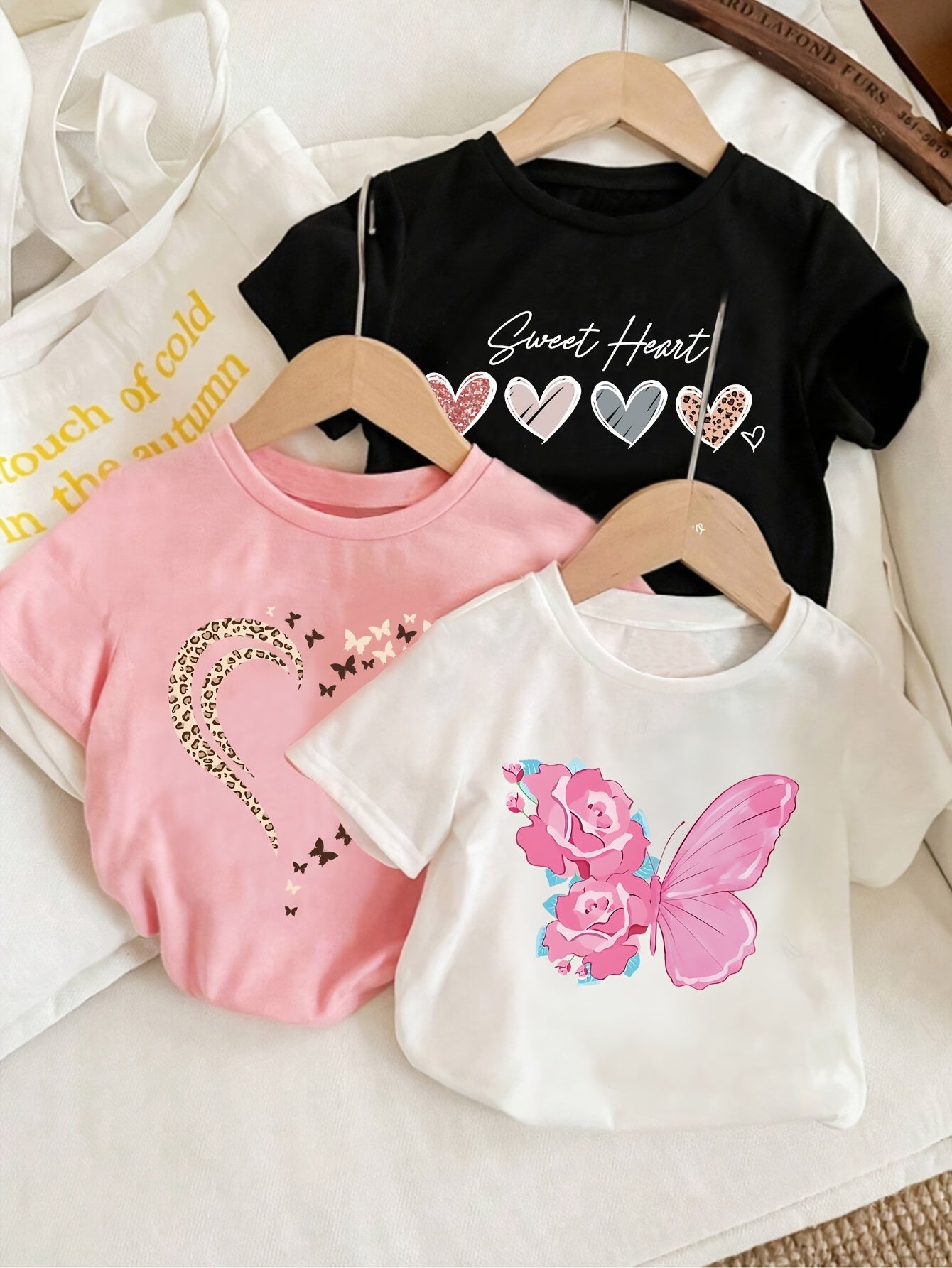 3pcs "Mother's Day" Girls' Casual T-Shirt with Leopard Print, Love Letter, and Butterfly Print