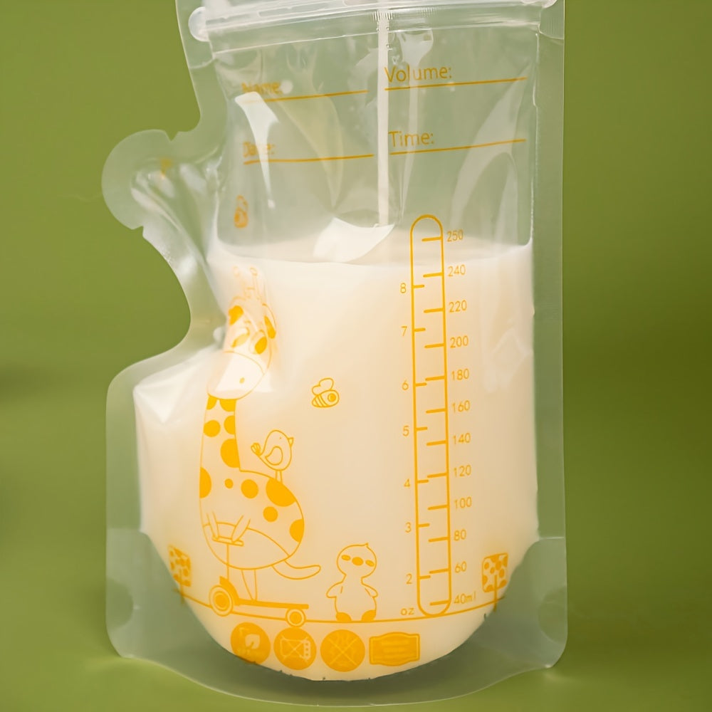 100 pieces of breastmilk storage bags, each bag is 8 ounces and BPA free. These bags have a pouring mouth for easy access during breastfeeding. They are ready-to-use and self-standing, saving space with their flat design. Perfect for breastfeeding