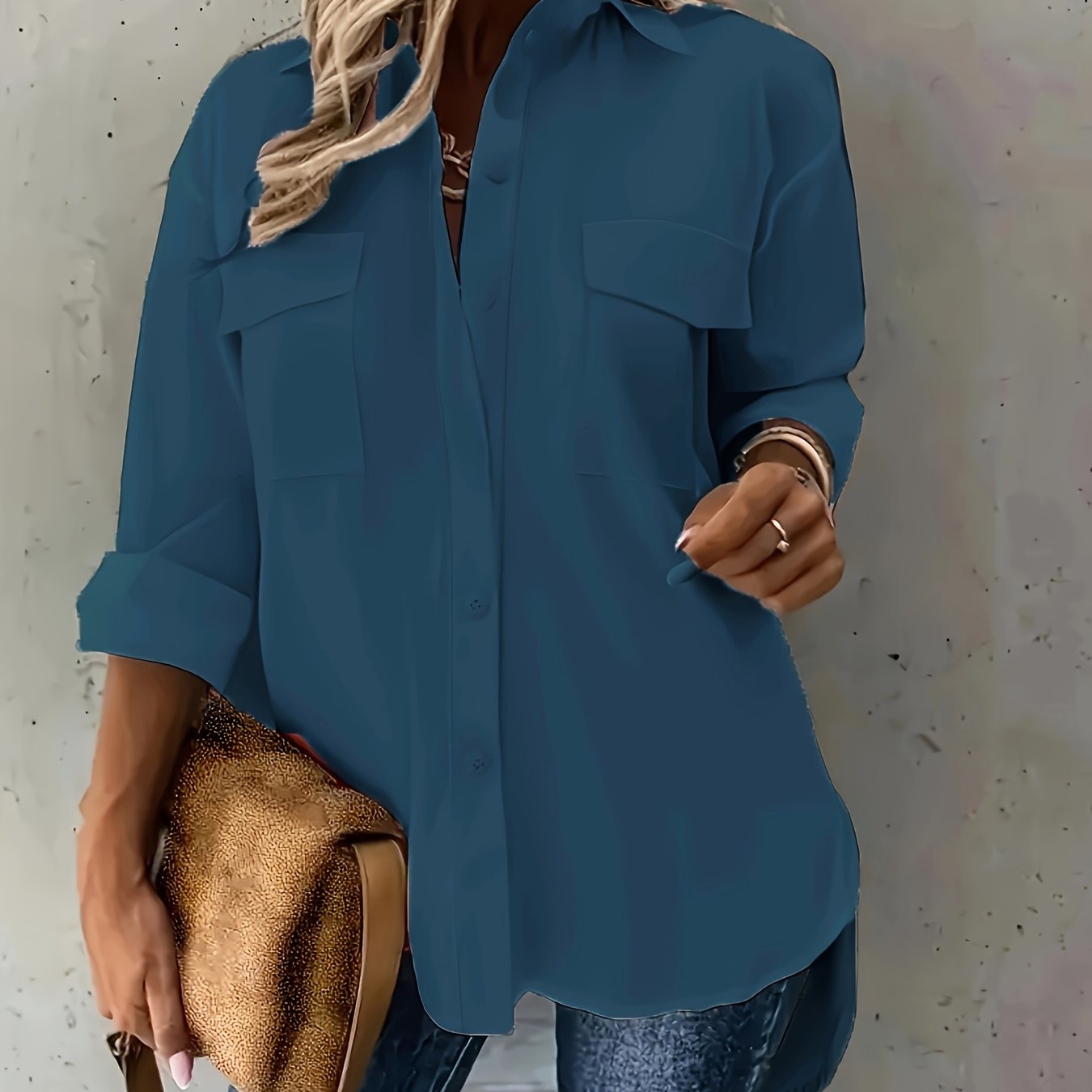 Plus size casual button front shirt with flap pockets, perfect for spring.