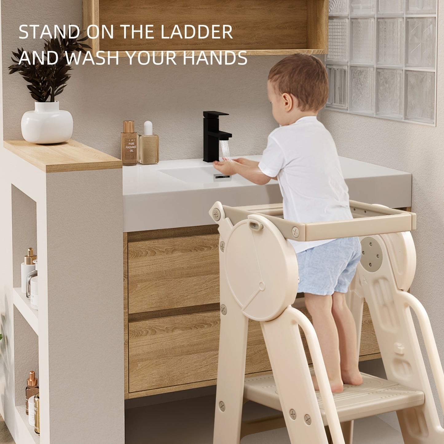 Child-Friendly 3-Step Safety Stool for Kitchen and Bathroom - Made of Durable Plastic with Guardrails and Anti-Slip Pads to Prevent Slipping, Perfect for Hand Washing and Independent Eating, Ideal for Children Ages 3-6.