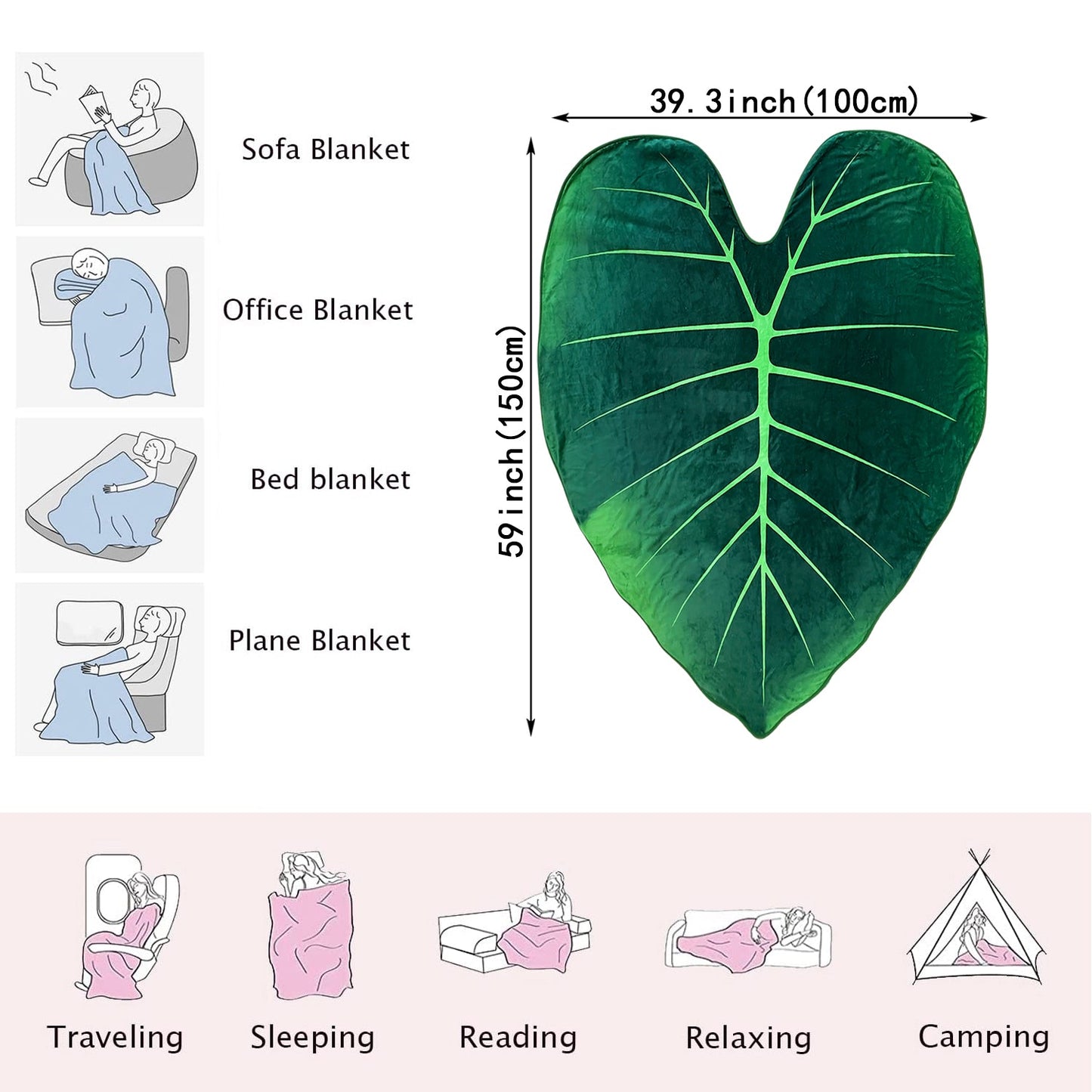 Green leaf-shaped blanket with warm and cozy feel - perfect for couch, bed, and sofa. Features high-definition digital printing.