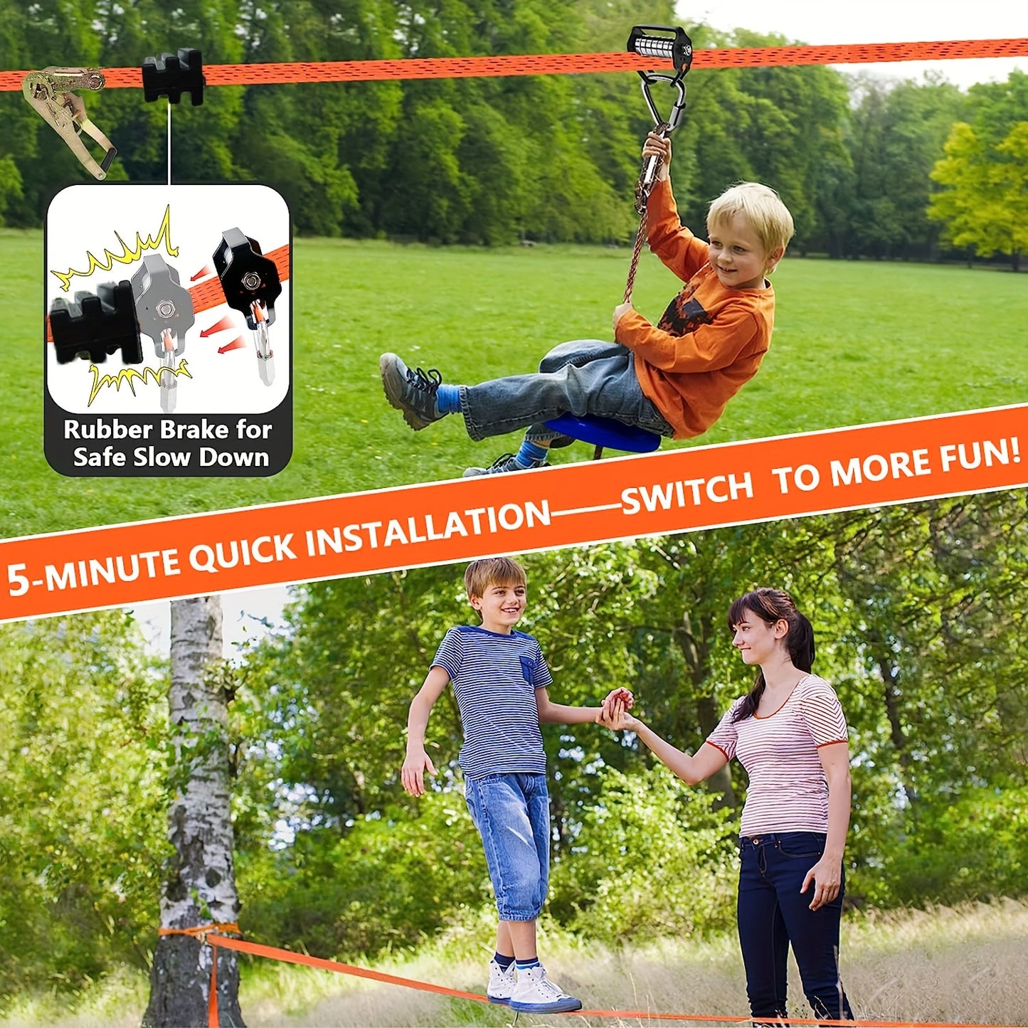 One orange polyester zip line set, 15.24 meters, suitable for kids and adults, max load 149.69KG, ideal for warrior obstacle courses.