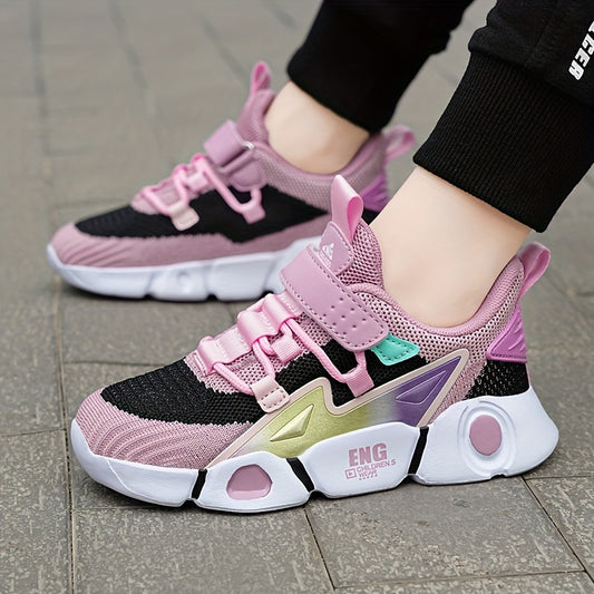 Stylish Pink & Black Striped Knit Sneakers - Breathable, lightweight, and comfortable with hook-and-loop closure. Perfect for all seasons. Casual footwear for youngsters with EVA cushioned