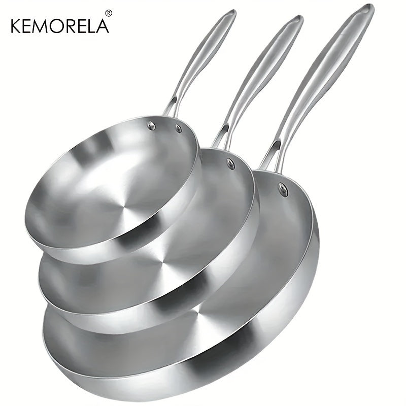 Set of 3 KEMORELA Stainless Steel Frying Pans - Suitable for Gas Stoves & Induction Cookers, Food Grade Omelette Pans with Multifunctional Features. Perfect Kitchen Utensils and Accessories, Gadgets for the Home Kitchen. Shipping By Sea.