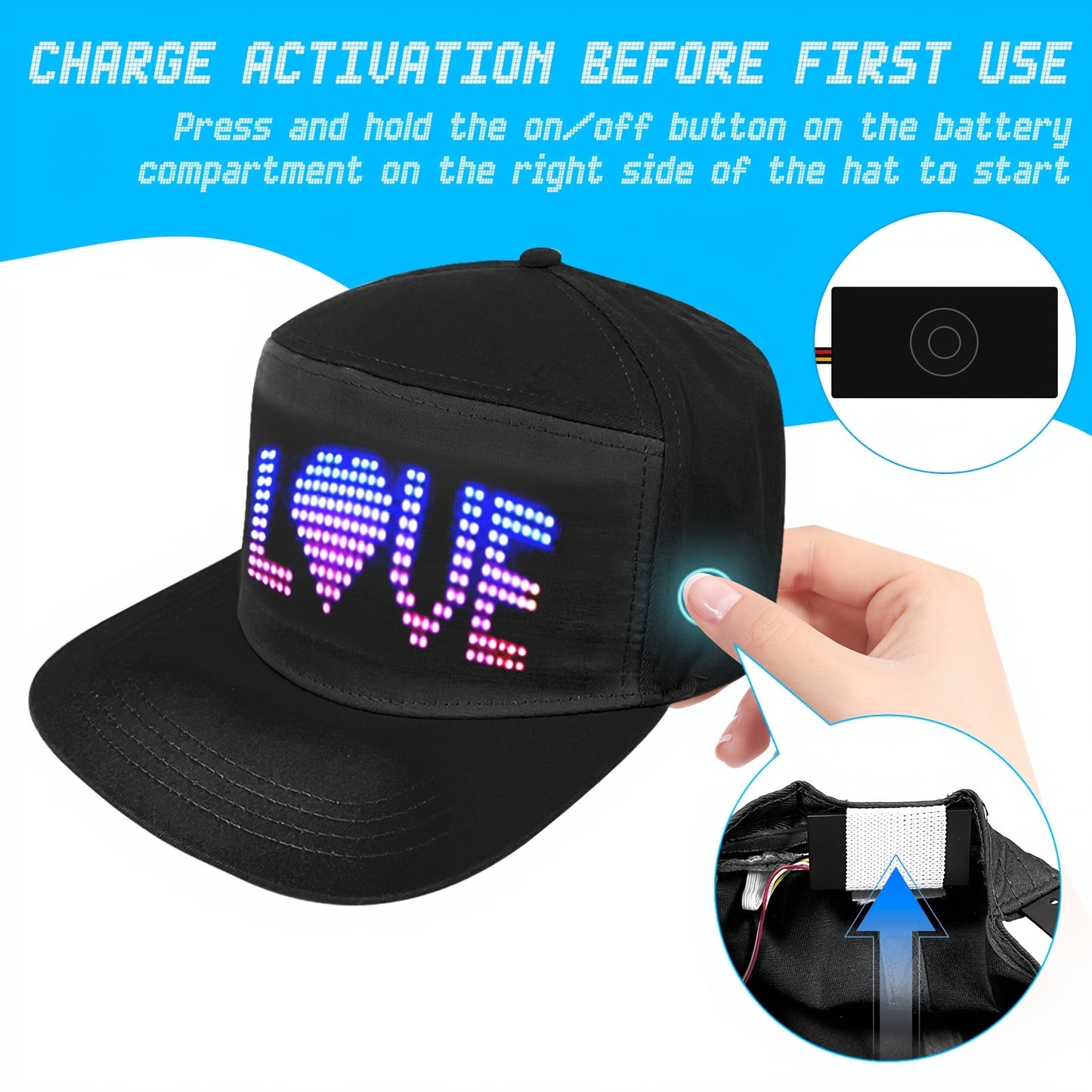 OWNZNN LED Light-Up Baseball Cap with full color matrix display, wireless app control, customizable messages & animations, USB charging, lightweight design. Perfect for outdoor events