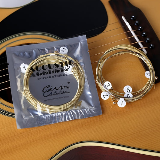 6 premium brass hexagonal steel core acoustic guitar strings for improved sound and durability.