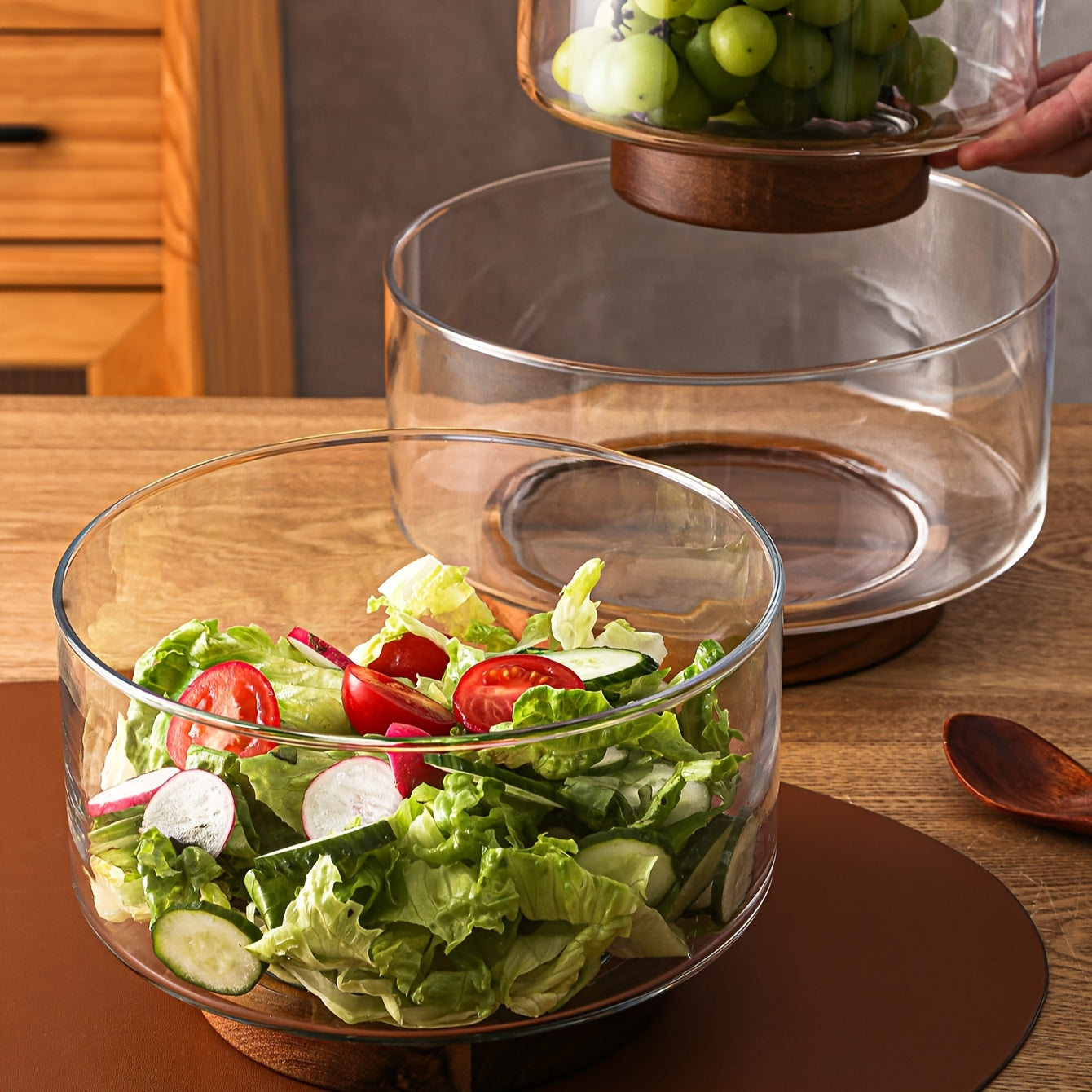 Clear glass bowl for fruit, yogurt, baking, or dessert. Nordic style tableware for home, kitchen, or restaurant use.