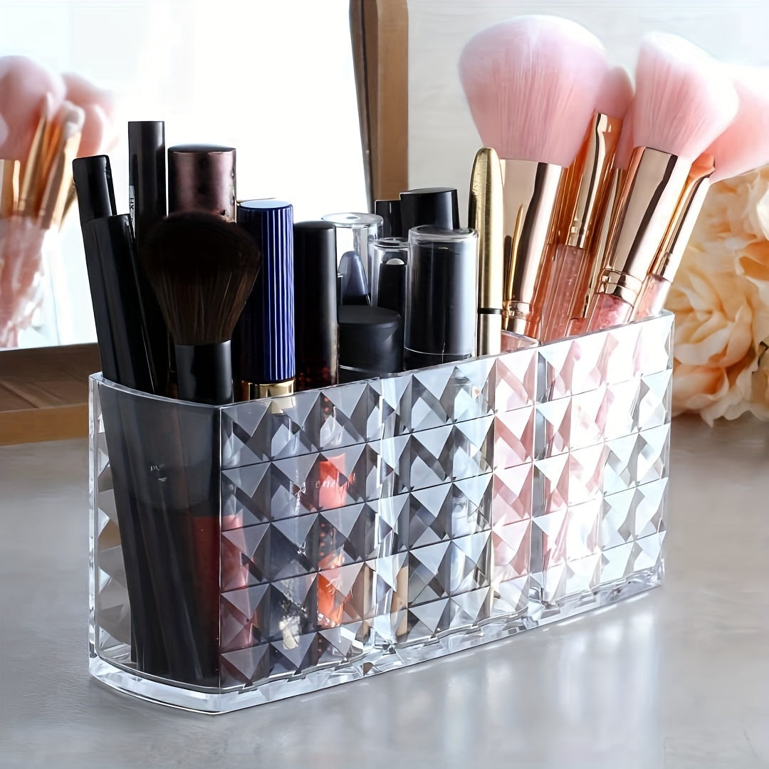 Clear plastic makeup brush holder with large capacity for organizing cosmetics on vanity or bathroom countertop. Lightweight, independent design with no electricity needed. Under 3.2 cubic feet storage and less than 68.58 cm tall. Stylish and clear