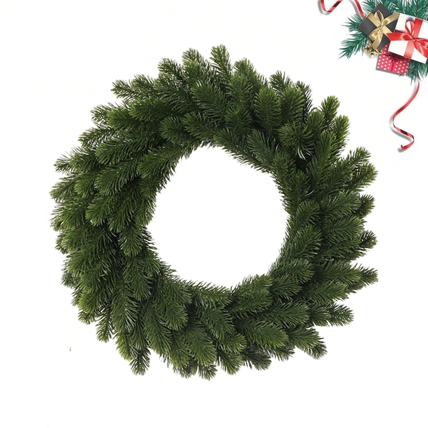 Classic green pine needle wreath ideal for Christmas decor, suitable for indoor and outdoor use.