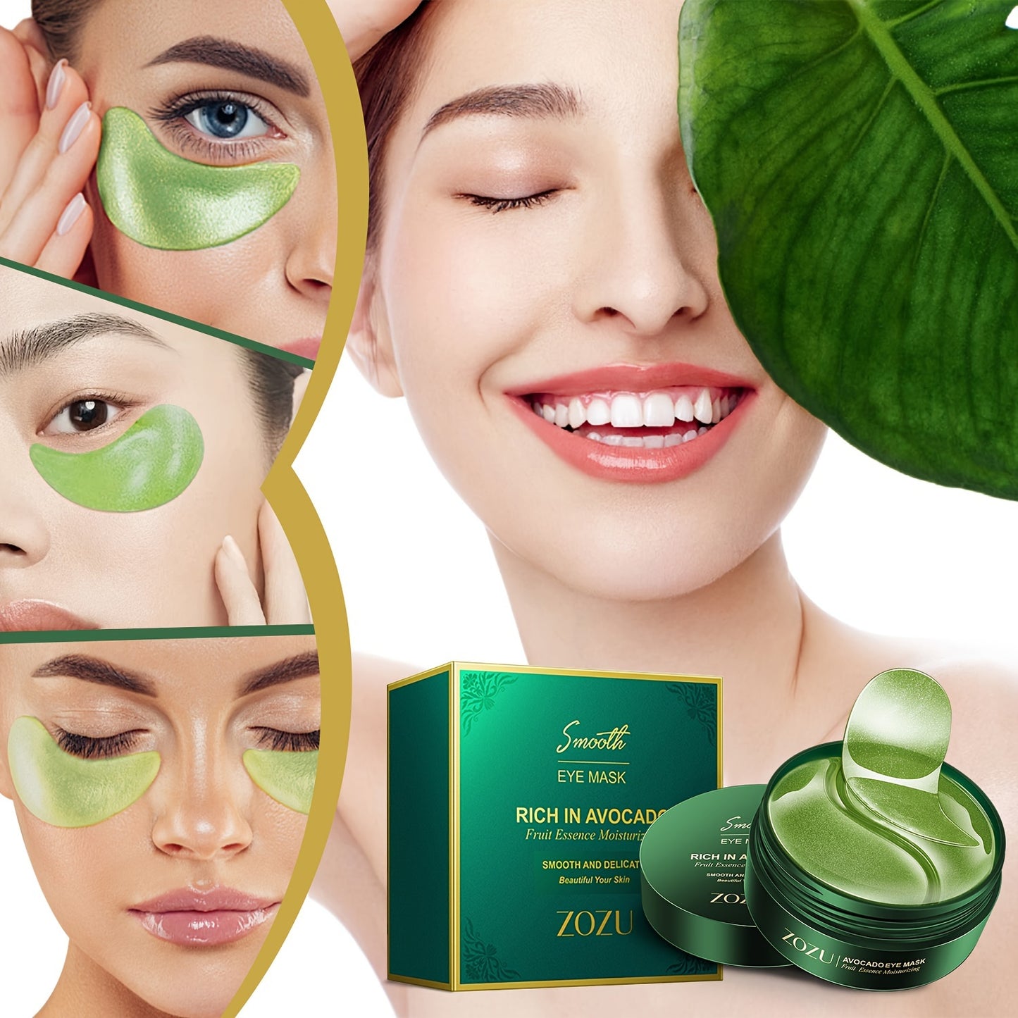 Moisturizing and lifting eye masks with avocado and golden patches for firming and tightening under eye skin.