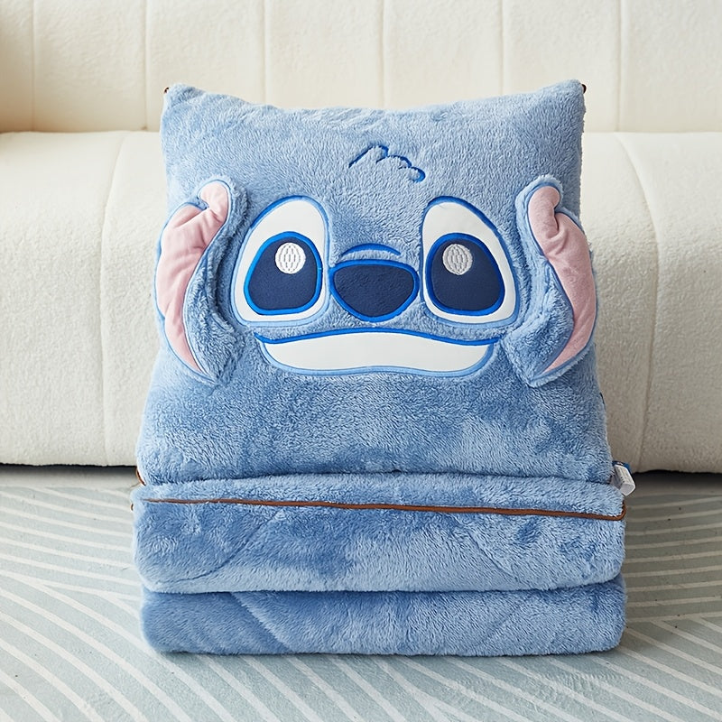 Disney Stitch 2-In-1 Pillow and Blanket Set, Modern Cartoon Theme, All-Season Polyester Woven Blanket, Portable and Multi-Purpose, Ideal for Travel and Office Use in Winter.