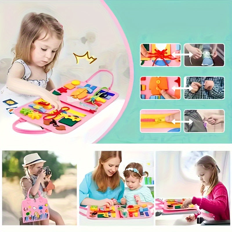 Children's interactive educational busy board toy, designed to engage young minds through hands-on learning activities. This handheld quiet book promotes early education and brain development with a mix of colors. Batteries not required.