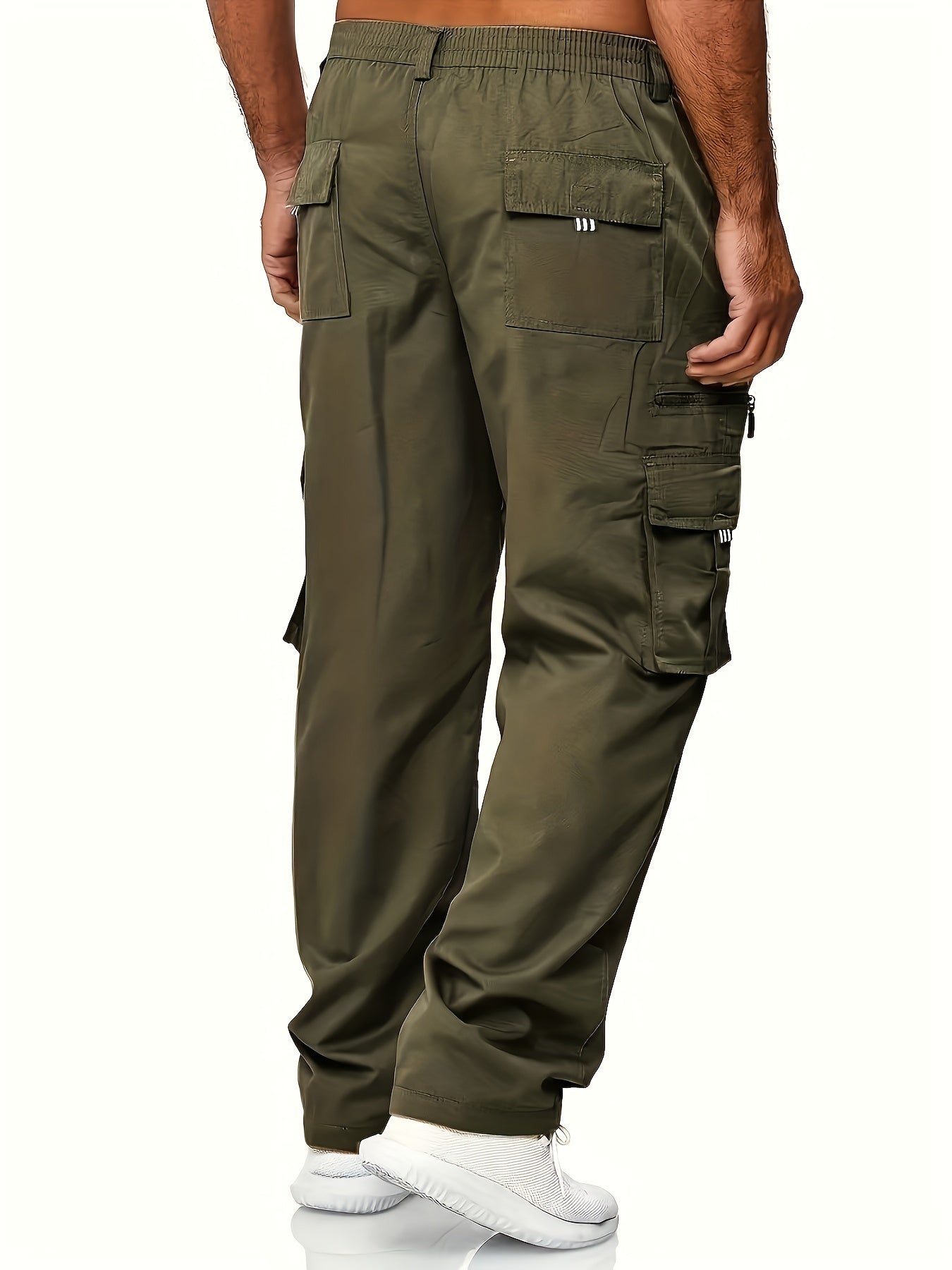 Men's black cargo pants with multiple pockets, made of durable polyester for outdoor casual wear. Features an elastic waistband and ankle straps, machine washable and suitable for all