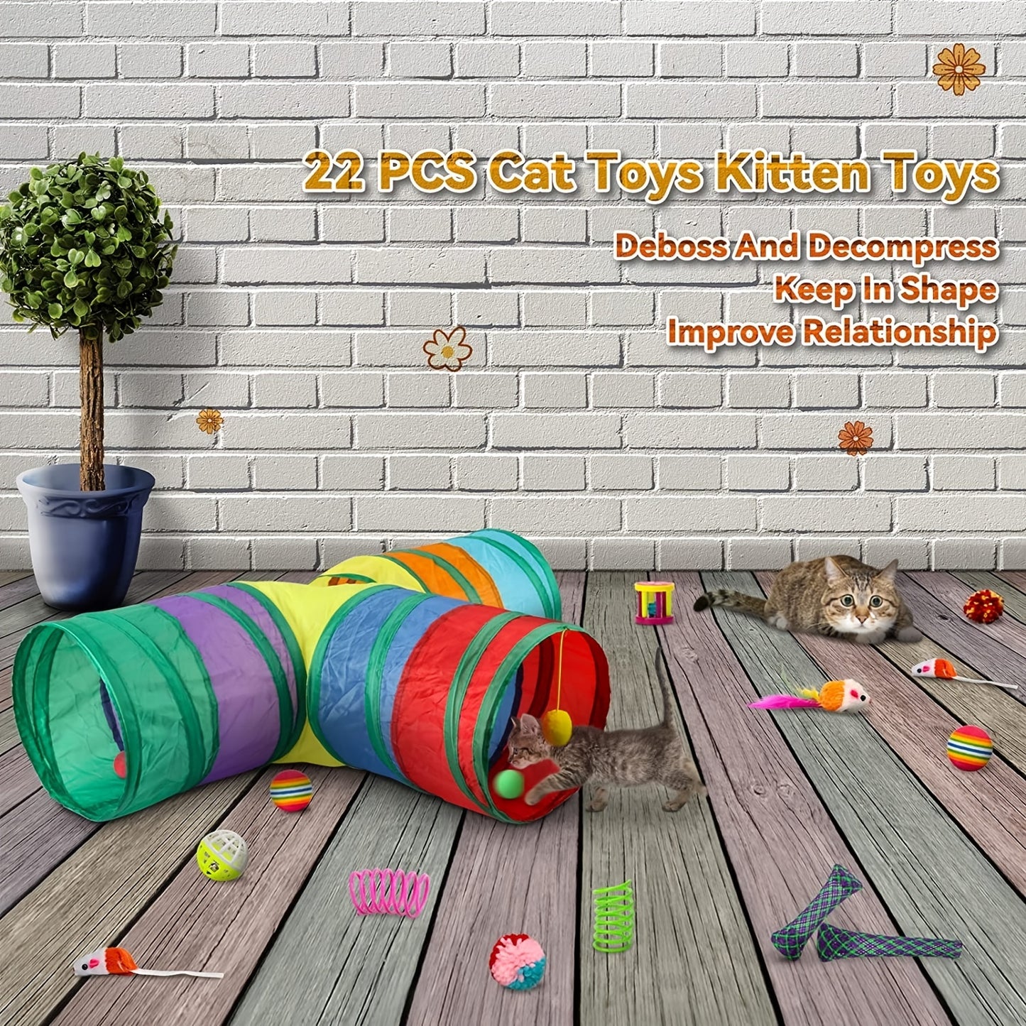 Myuilor Cat Toys Kitten Set includes Interactive Collapsible 3 Way Cat Tunnels and Cat Feather Toy, made of Polyester and does not require batteries.