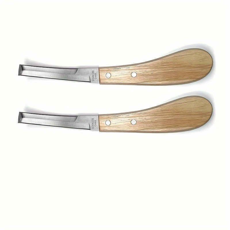 Hoof knife set with right-handed double-sided blade and rubber wooden handle, available in 2-piece or 3-piece sets.